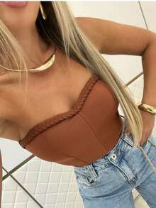Women's Cropped Corset With Neoprene Cups And Braided Design - 摩卡棕 - 查看 2