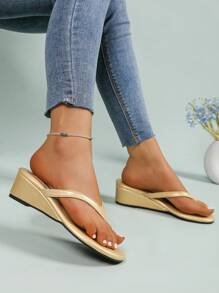 Women's Thick-Sole Wedge Thong Sandals, Fashion Slip-On Slippers Suitable For Travel, Beach, Date, Shopping, Party