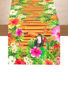1pc Hawaii Table Runner, Toucan Flower Palm Leaf Pattern Polyester Table Cover, Hawaii Theme Party Decoration Table Cloth, Birthday Holiday Party Decoration Tablecloth, Hawaii Beach Party Decoration Table Set, Cabinet Decoration Cover, Kitchen Dining Room Decoration Table Flag, Summer Room Decoration Home Decoration Table Skirt, Summer Decoration, Summer Gift, Party Favor