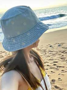 1件裝 夏季女款刺繡雛菊遮陽帽 寬帽簷時尚水桶帽 適合戶外旅行、購物、海灘及日常穿搭 - 彩色 - 查看 2