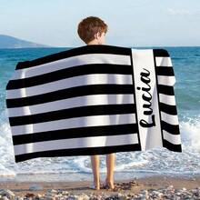 Warner Bros 1pc Custom Name Beach Towel, Stripe Pattern Beach Blanket, Super Absorbent Quick Drying Swimming Towel, Perfect For Beach Swimming Outdoor Camping Trips, Ideal Beach Essentials, Multi-Functional, Ornamental, Letter, Stylish, Modern, Colorful, Cute, Adorable, Casual, Custom, Personalised, Unique, Customized, Ideal Gifts For Him, Ideal Gifts For Her