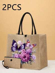 2 件粉色蝴蝶印花手提包套装，黄麻，时尚图案，包括方便的零钱包，非常适合购物、旅行和海滩探险，多功能女士包，适合日常、旅行、购物、工作、送礼 - 卡其色 - 查看 8