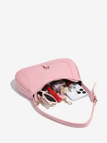 1pc Novachic Pink Retro Minimalist Crescent Handbag, With Hook Decor, Adjustable Shoulder Strap, Suitable For Dates, Outings, Parties - Pink - View 6