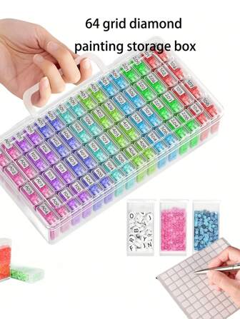 1 set van 64 raster diamant schilderij opbergdozen met een vierkante sticker, diamant schilderij opbergdozen, opbergcadeau diamant schilderij acryl kralen, geschikt voor diamant borduurdozen, doe-het-zelf vakmanschap, opbergen van diamant schilderij edelstenen, manicure accessoires en andere kleine spullen. Een zeer goed cadeau.