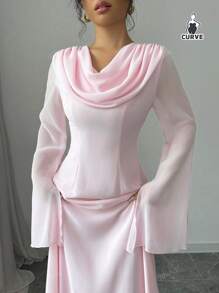 QIANZHIDU فستان سيدات بلس سايز من نوع تيللي، بلون واحد ذات ياقة متدلية وأكمام جرسية، فستان أنيق، فستان حفلة سيدات، فستان سهرة فاخر للنساء