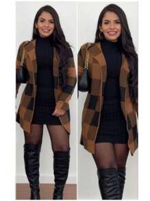 CASACO CARDIGAM XADREZ FEMININO FRIO MODA INVENO