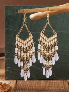 一对波西米亚风格复古 V 形耳环，带有油滴细节，由种子珠制成的泪珠流苏，适合节日狂欢期间的女士佩戴。 - 薄荷綠 - 查看 4