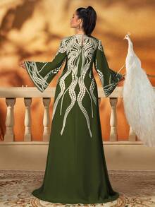 AmazingHoney Elegant Mint Green Long Pearl-Embellished Jalabiya, Wide Sleeve Abaya, Luxury Kaftan For Women, Dubai Style Formal Dress,Middle Dress,Luxurious Party Abaya (Oversized Fit– Please Check Size Chart), Modest - Army Green - View 2