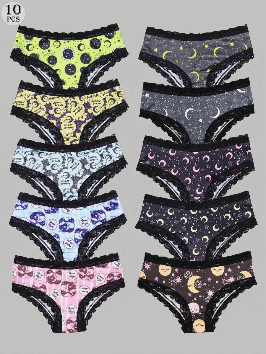 Morvia 10pcs Women Sexy Gothic Chic Low-Rise Hipsters - Contrast Lace, Allover Halloween Skull & Eyeballs & Stars & Jack-O-Lanterns Allover Print, Comfortable Hipster Panties For Women - Halloween Lingerie & Underwear-Comfortable, Assorted Styles, Perfect Gift Idea For Special Occasions Or Daily Wear