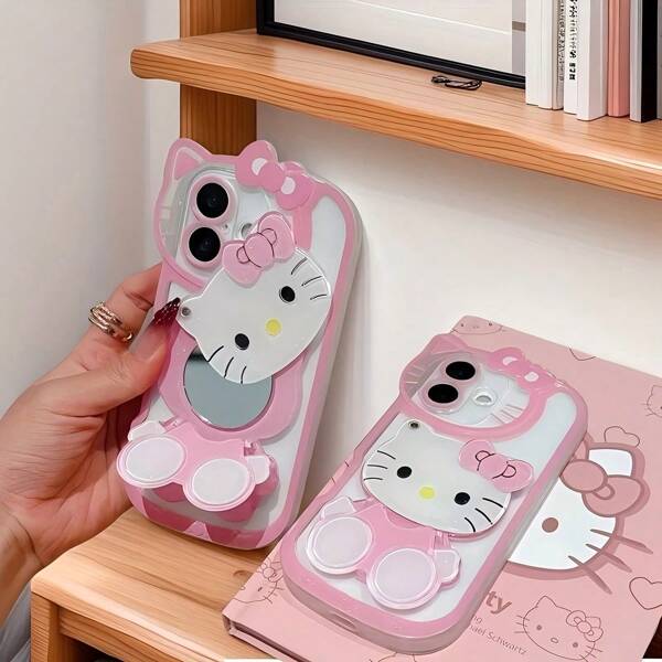 "Sanrio Hello Kitty Mirror Phone Case With Foldable Kickstand - Shockproof Fashion TPU Protective Cover, Cute Gift For Girls/Women Compatible With IPhone 11/12/13/14/15/16 Pro/Max/Plus/XR/XS Models"