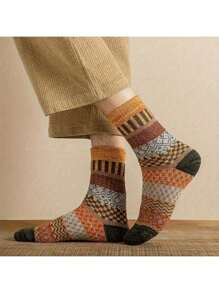 5 Pairs Of Men's Retro Striped Mid Tube Socks, Comfortable And Thick Sports And Leisure Socks, Long Tube Socks, Suitable For Outdoor Daily Wear In Both Spring And Autumn For Men And Women