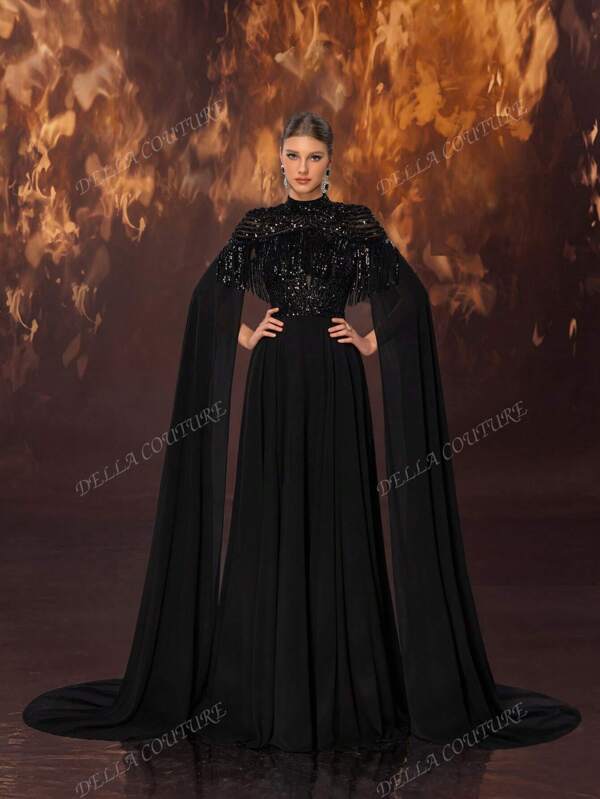 DELLA COUTURE Black Tassels Trim Flowy Long Evening Gown, Floor-Sweeping Long Sleeves, Elegant Formal Dresses For Women, Perfect For Red Carpet Events, Luxury Parties, Oscars, Prom, Wedding, Formal Galas, Luxury Events, Celebrity Style, High Fashion, Glamorous