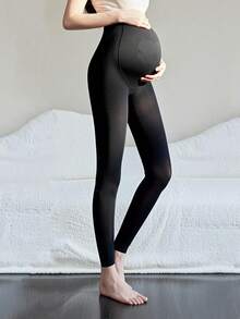 1 Pair Maternity Black Full Length Tights With Adjustable Belly Band, Suitable For Spring/Autumn, Everyday Use - Black - View 3