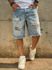 Light Blue Distressed Denim Shorts For Men, Loose Straight Leg Casual Shorts, Summer