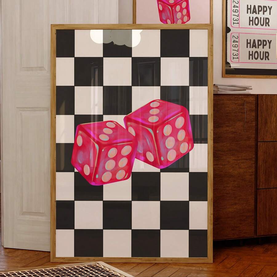 [Pink Dice Checkered Wall Art Poster] 1pc Unframed Canvas Print - Modern Art Deco Style Pink Dice Wall Art, Checkered Pattern, Indoor/Outdoor Poster For Home Office, Living Room, Bedroom, Dorm, Restaurant - Portrait Orientation