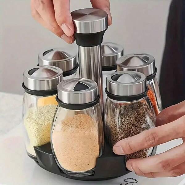 Premium Rotating Spice Organizer - 7-Piece Set With Durable Jars - Effortlessly Access Seasonings - Space-Saving Kitchen Storage For Countertop Or Cabinet - Modern Design, Ideal For Home And Dorm