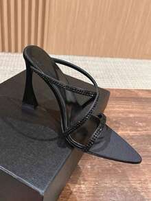 Women's Summer New Rhinestone Brown Thin High Heel Sexy Satin Open Toe Strappy Cross Strap High Heel Sandals - Black - View 3