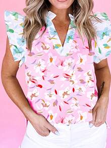 Boho Retro Vintage Pink Floral Patchwork Frill Notched Neck Ruffle Ruffle V Neck Half Sleeve Loose Top Shirt Blouse - Multi Pink - View 2
