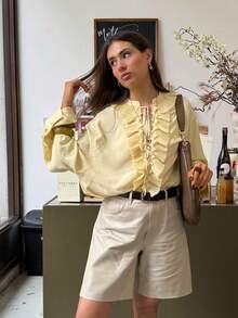 MUMRAP Women Fashion Solid V Neck Ruffles Shirts Summer Lace Up Loose Long Sleeve Blouse - Màu vàng - Xem 4
