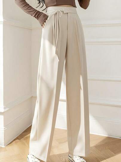 Alta cintura traje de corbata pantalones de pierna ancha las mujeres muestran alta nueva drapeado suelta recta casual pantalones de arrastre