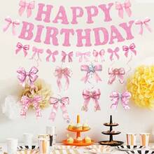 10pcs/Set Bow Theme Decoration Set - Pink Birthday Pull Flag Banner + Bow Spiral Hanging Decor, Suitable For Birthday Party, Theme Party, Anniversary, Engagement, Home Bedroom Decoration