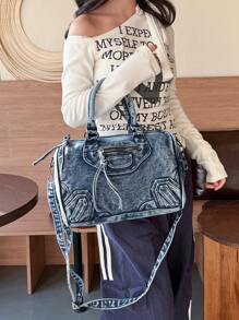 Nueva bolsa de mensajero de jeans lavados vintage, bolso de hombro de estilo casual Y2K, bolso de mano con doble asa, diseño de nicho, espacioso y práctico, adecuado para ir al trabajo, compras, viajes y volver a la escuela, bolso de calle de moda, bolso cruzado de jeans mediano, perfecto para la chica vaquera