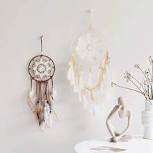 1pc White Beaded Dream Catcher Wall Hanging, Handmade Woven Decoration, Indoor Decor With Tassels - White - View 1