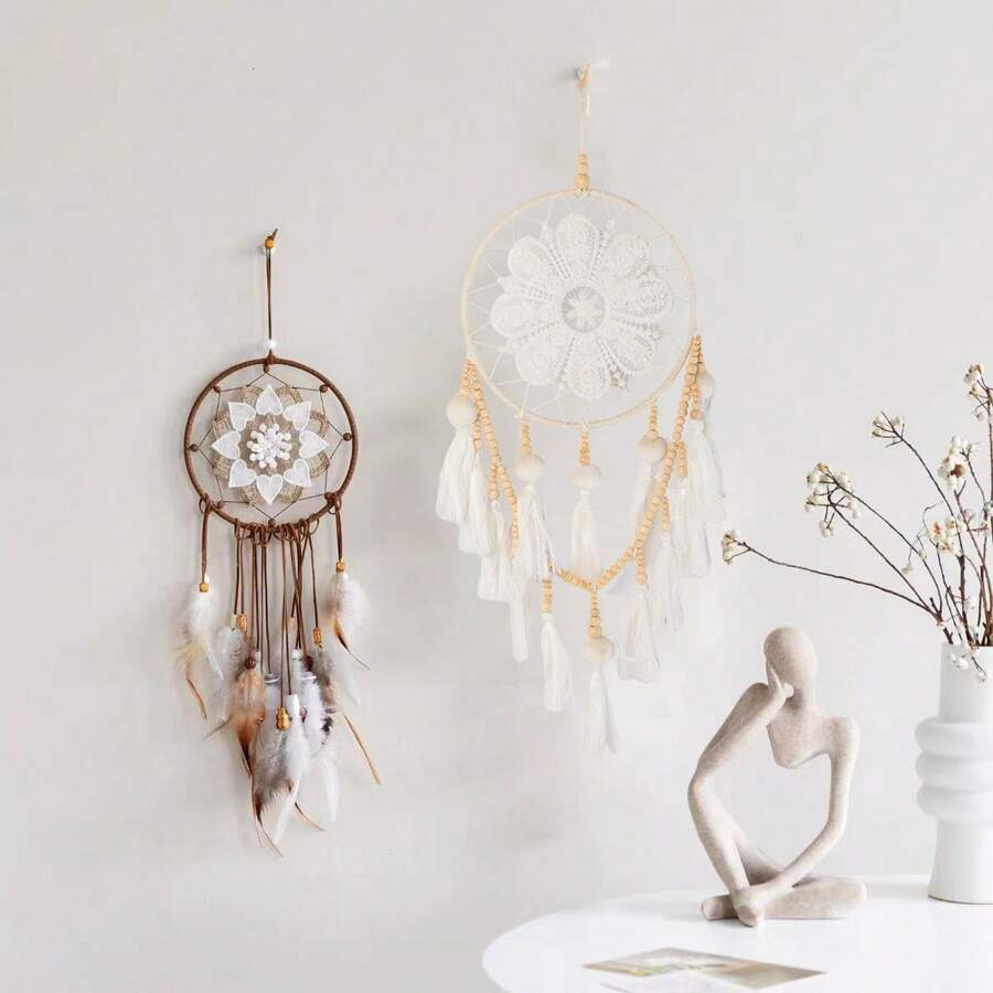 1pc White Beaded Dream Catcher Wall Hanging, Handmade Woven Decoration, Indoor Decor With Tassels - White - View 1