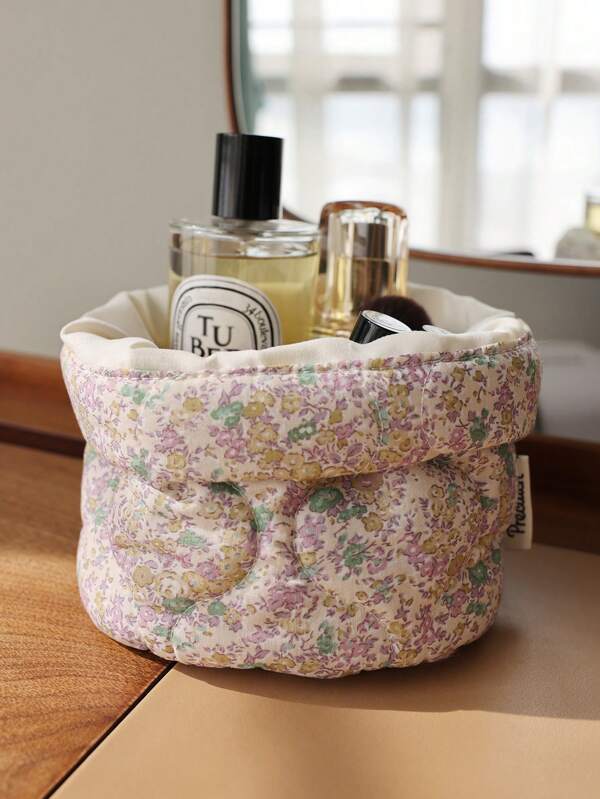 Organizador de Mesa Cilíndrico Retrátil Estampado com Flor Miúda e Cor Sólida, Porta-Pincéis de Maquiagem, Adequado para Dormitórios e Lápis de Maquiagem