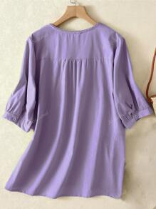 Blusa suelta de mujer con cuello redondo, manga farol y bordado floral, para primavera/verano