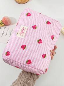 1 Piece Pink And White Color Matching Cosmetic Bag With Strawberry Pattern, Multifunctional Cosmetic Storage Bag Portable Cosmetic Brush Clutch With Zipper Closure, Ready For Lipstick, Brush, Skincare, Storage Box, Jewelry Storage Box, Lip Gloss Storage Box, Nail Polish Storage Box Cosmetic Bag, Holiday Essential Cosmetic Bag