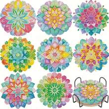 New DIY Diamond Painting Set, Full Drill Diamond Decoration For Living Room/Bedroom, Tea Cup Mat, 8pcs, Mandala Design