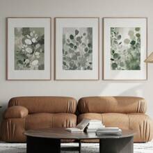 A Set Of 3 Sage Green Wall Art Print Posters, Plant Painting Decoration, Neutral Room Wall Decoration Painting, Simple Wall Art, Room Decoration, Living Room Art Decoration, Modern Home Wall Art Decoration, Ideal Family Gift Creativity, Frameless Canvas Poster