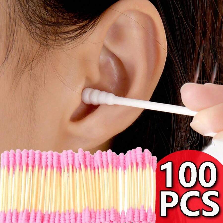 100pcs Cute Pink High Quality Double-Headed Cleaning Swabs, Suitable For Effectively Cleaning Ears And Nose, As Well As Makeup - Multicolor - View 1