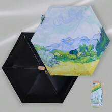 1 pièce Parapluie compact et super léger avec peinture à l'huile, parapluie pliable anti-UV pour le soleil et la pluie, portable et pratique