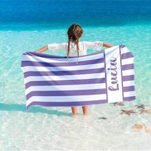 Warner Bros 1pc Custom Name Beach Towel, Stripe Pattern Beach Blanket, Super Absorbent Quick Drying Swimming Towel, Perfect For Beach Swimming Outdoor Camping Trips, Ideal Beach Essentials, Multi-Functional, Ornamental, Letter, Stylish, Modern, Colorful, Cute, Adorable, Casual, Custom, Personalised, Unique, Customized, Ideal Gifts For Him, Ideal Gifts For Her