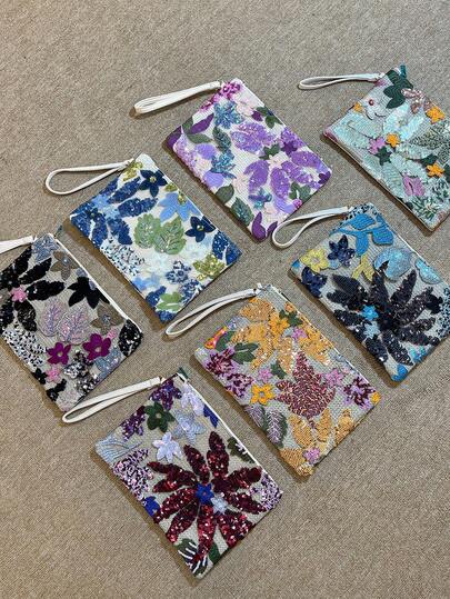 Bolso de mano con bordado de flores de lentejuelas de moda delicado para damas, bolso de muñeca con cremallera y flores de moda, adecuado para vacaciones, fiestas, citas, compras, regalos, bodas, academias, playas, cruceros y talla grande (posición del patrón cortado al azar)