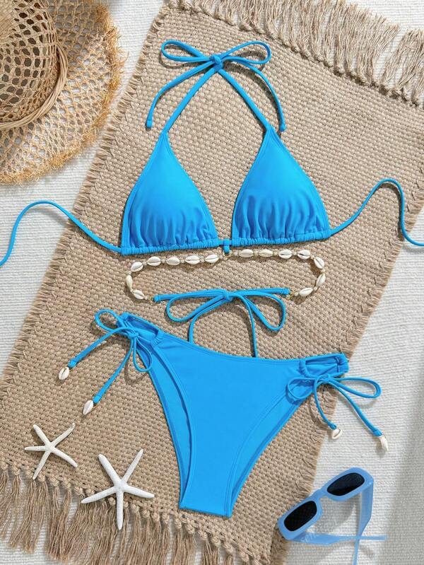 2pcs/Set Women's Bikini Set, Spaghetti Strap Halter Contrast Color Swimwear & Side Tied Swim Shorts, Beach Summer Outfits
