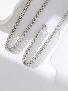 1 Set Stainless Steel Versatile Fashionable Chain Design Necklace + Bracelet Jewelry Set, Suitable For Daily Wear - Silver - View 4