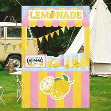 1pc Lemonade Stand Backdrop Banner, Vibrant Summer Party Decoration For Birthday, Party And Bridal Shower - Yellow And Pink Striped Design With Lemon And Ice Cream Illustrations, Photo Booth Prop, Lemon Decor