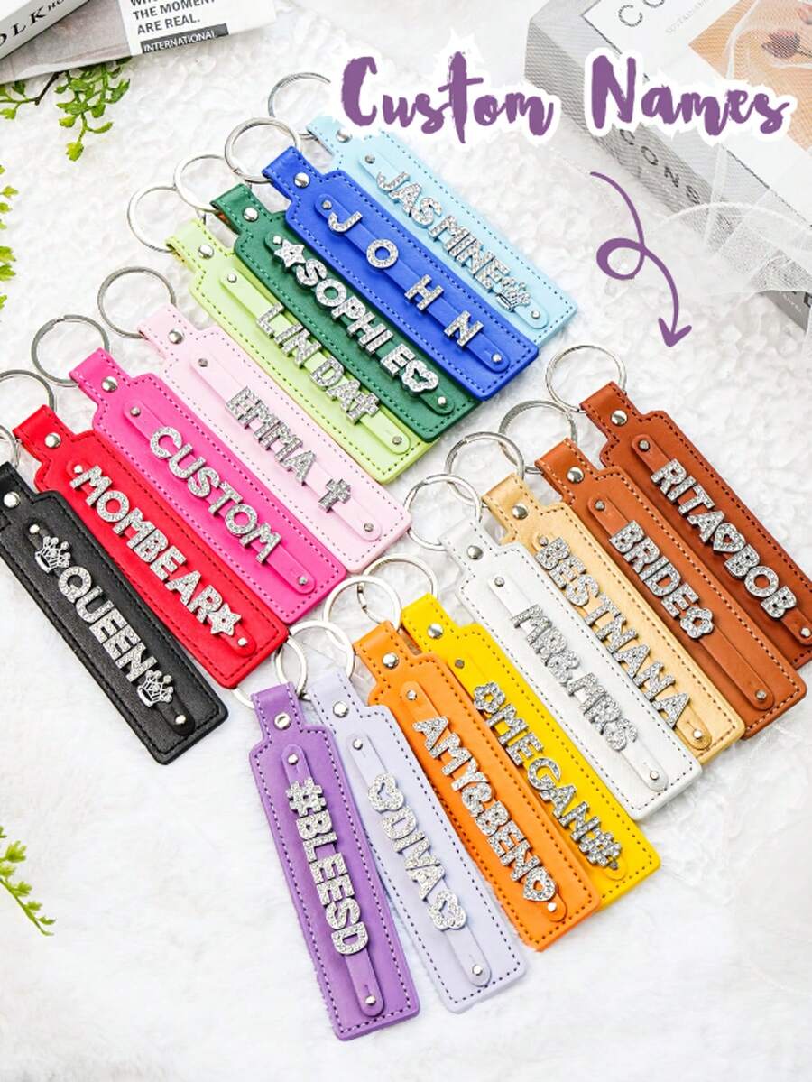 Fashion Leather Personalized Custom Rhinestone, Name Letter Numbers, Car Keychain, Keyring, Valentines, Gift For Her/Him, Gift For Mum, Home Decor. - Multicolor - View 1