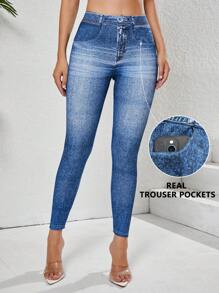 Damskie spodnie sportowe do jogi z efektem dżinsu, kieszenie z prawdziwego materiału, rozciągliwe, szybkoschnące, oddychające, swobodne, z wysokim stanem, do podnoszenia bioder, uniwersalne legginsy/szorty ze spandeksu, modelujące sylwetkę, wyszczuplające, odpowiednie na siłownię, jazdę na rowerze na świeżym powietrzu, bieganie, jogę, sporty ekstremalne i dojazdy do pracy