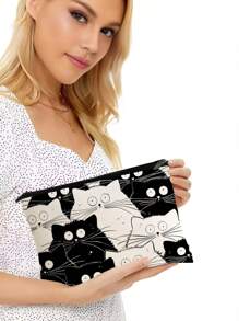 1 Pc Funny Cat Retro Cat Pattern Cosmetic Bag, Funny Cat Toiletry Bag, Portable Travel Storage Bag,Zipper Lightweight Makeup Pouch For Women,For Holiday Beach, Bathroom Collection, Bedroom Collection, Large Capacity