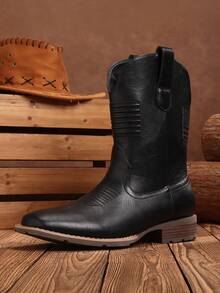 Pasuot Cowboy Boots For Men - Mens Square Toe Western Boot With Flag, Faux Leather Booties, Botas Para Hombre Vaqueras Suitable For Concert, Daily, Wedding - 黑色 - 查看 4