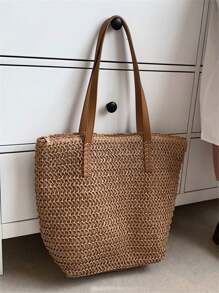 1 peça nova bolsa de viagem casual simples estilo praia férias grande capacidade cesta de tecido, bolsa tote casual dobrável para compras diárias, uso na praia fim de semana feriado, presente para mulheres
