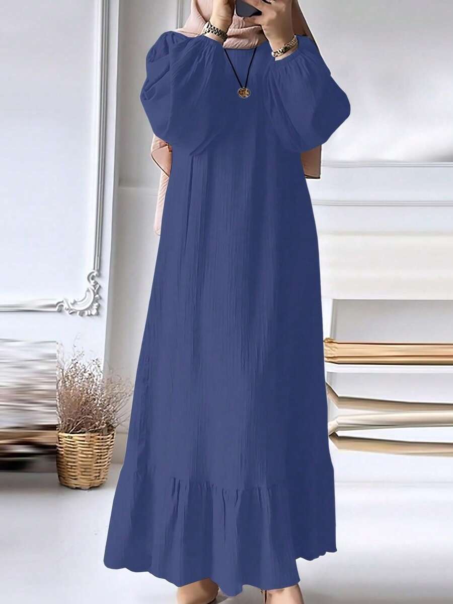 Vestido de mujer de unicolor con mangas abullonadas y dobladillo con volantes, estilo musulmán, para primavera/otoño