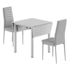 Dining Table And Set Of 2 Chairs, Grey Drop Leaf Kitchen Table With Grey PU Leather High Back Chair - Grey Table & 2 Grey Chairs - 查看 11