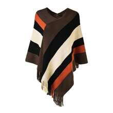 1pc Women's Fashionable Multi-Color Plaid & Tassel Knitted Shawl, Popular European And American Style