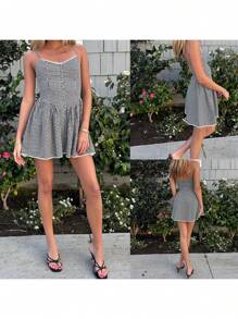 Women's Summer Plaid Cami Dress Sleeveless Open Back Button Spaghetti Strap Dress