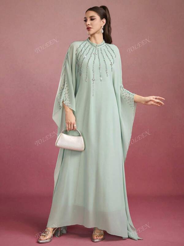 Women's Stand Collar Solid Color Elegant Maxi Arabic Long Dress With Embellishment